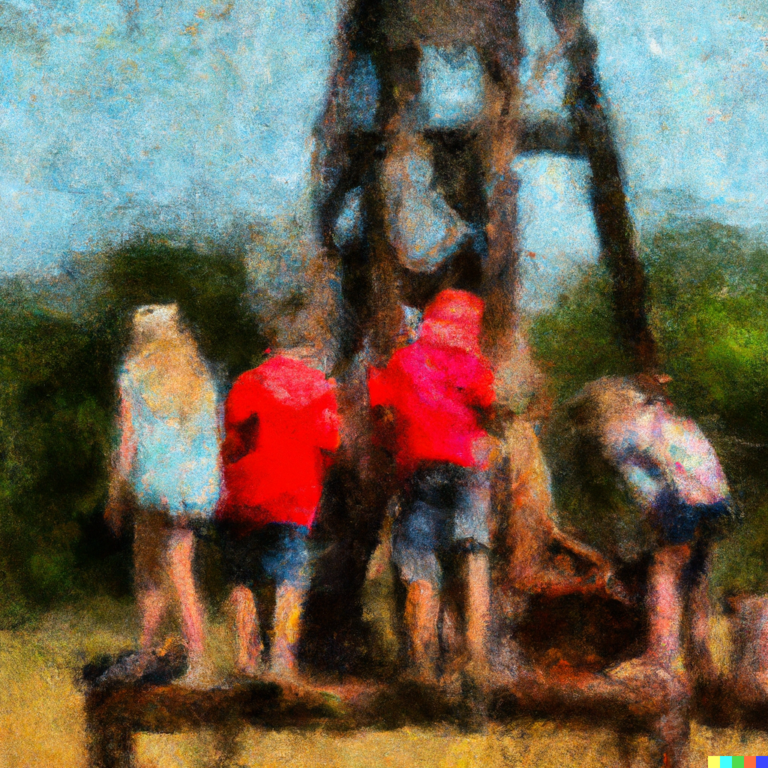 Impressionist view of a group of children next to an oil well